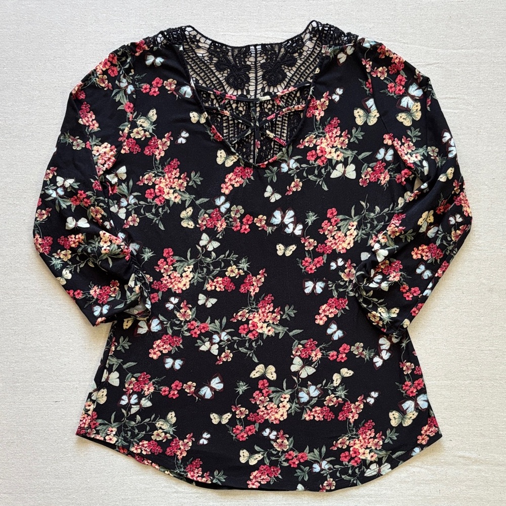 No Boundaries Black Top with Floral and Lace Detail